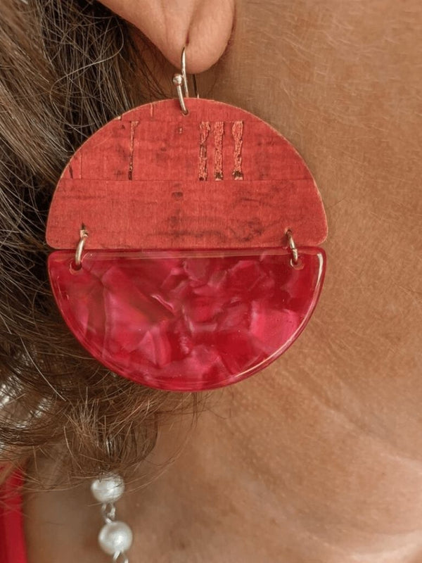 Cork & Acrylic Disc Earring (Red)