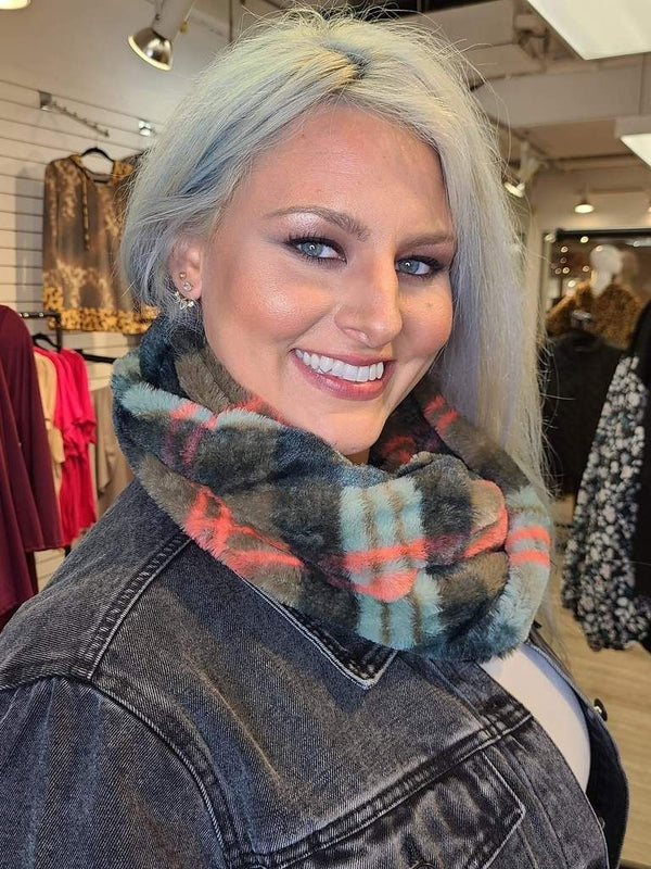 Faux Fur Infinity Scarf (Blue and Gray Plaid)