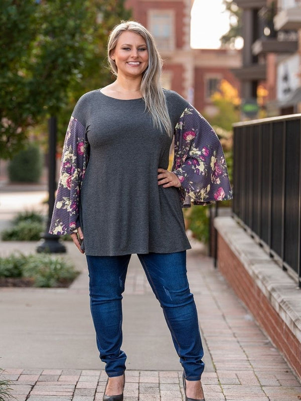 Wide Floral Bell Sleeve Top  (Charcoal)