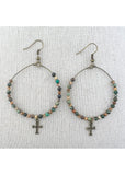 Boho Collection Beaded Wire Hoop w/ Cross Charm (Turquoise Stone)