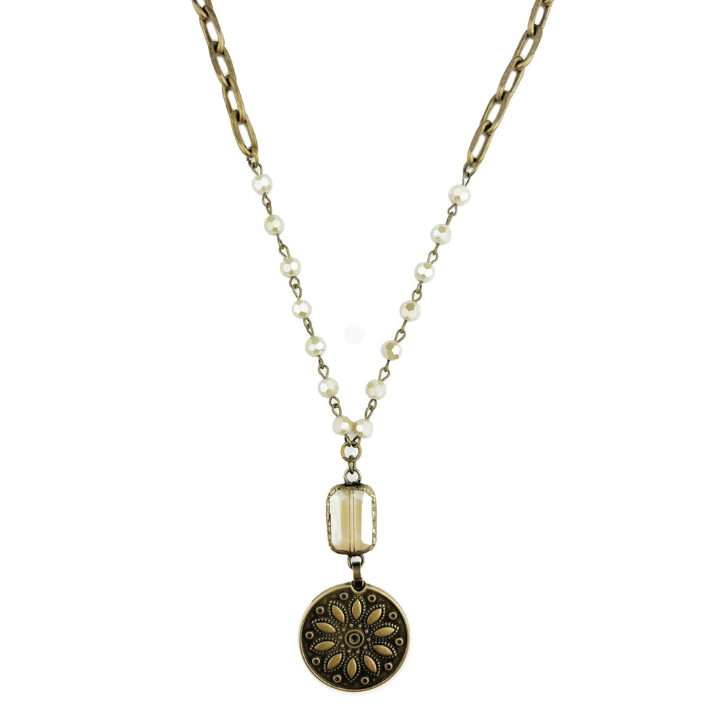 Boho Collection Tibetan Sun Crystal Pendant Necklace (Creme)